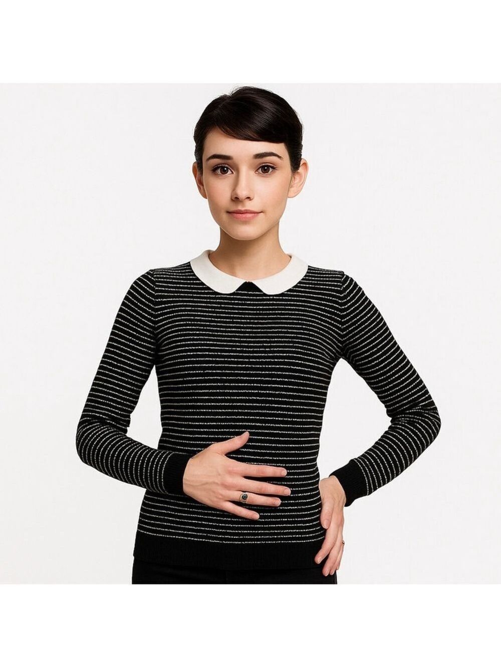 Tara Jarmon 100% Wool Knit Sweater Peter Pan Collar Black & White Stripe XS/S